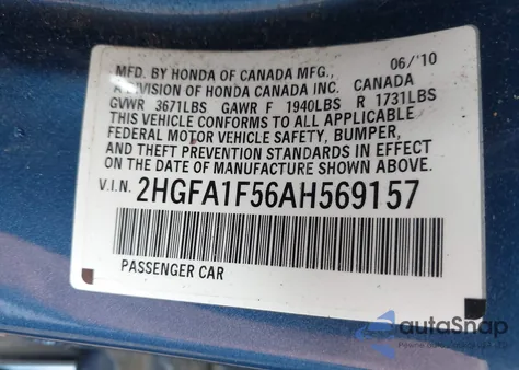2010 Honda Civic Lx from USA, damaged, VIN 2HGFA1F56AH569157